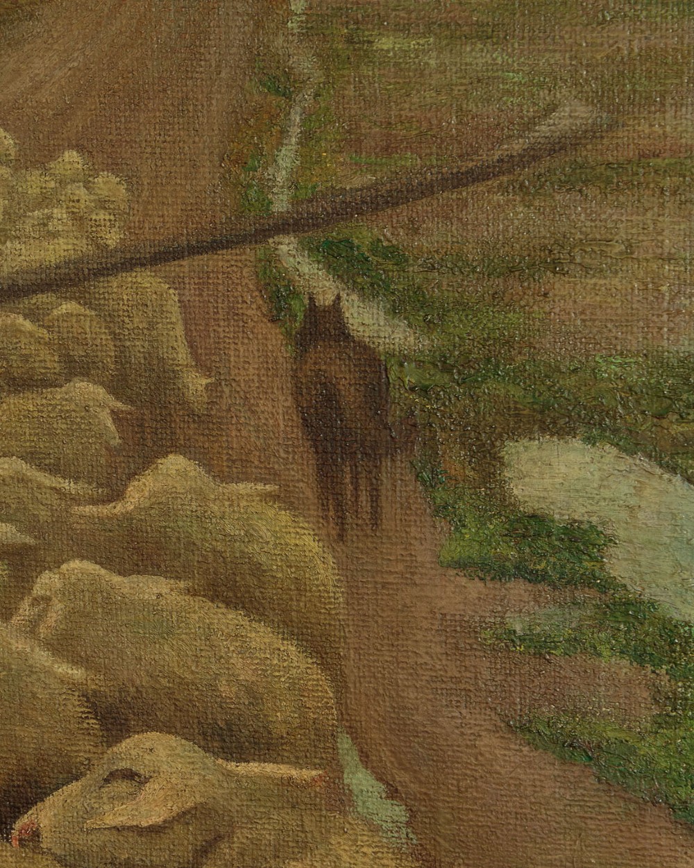 A mid-20th century oil painting depicting a shepherd with a staff leading a flock of sheep along a rural dirt path in muted green and brown tones. View VI