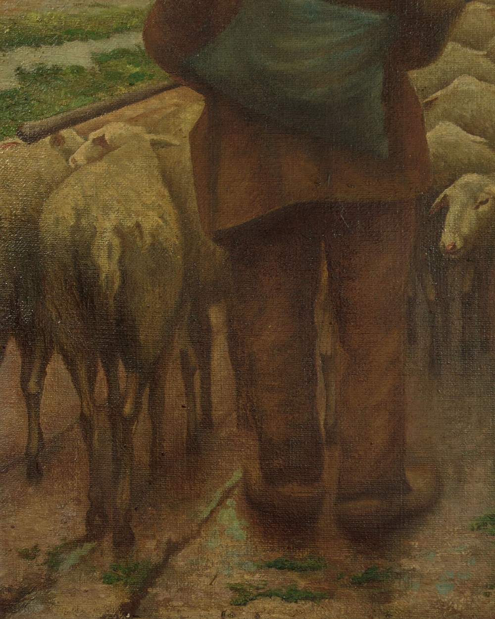 A mid-20th century oil painting depicting a shepherd with a staff leading a flock of sheep along a rural dirt path in muted green and brown tones. View VII