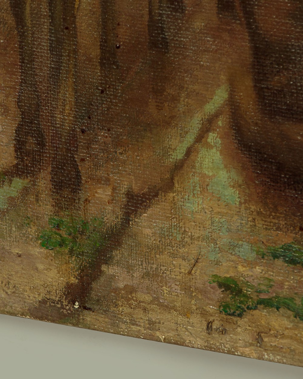 A mid-20th century oil painting depicting a shepherd with a staff leading a flock of sheep along a rural dirt path in muted green and brown tones. View VIII