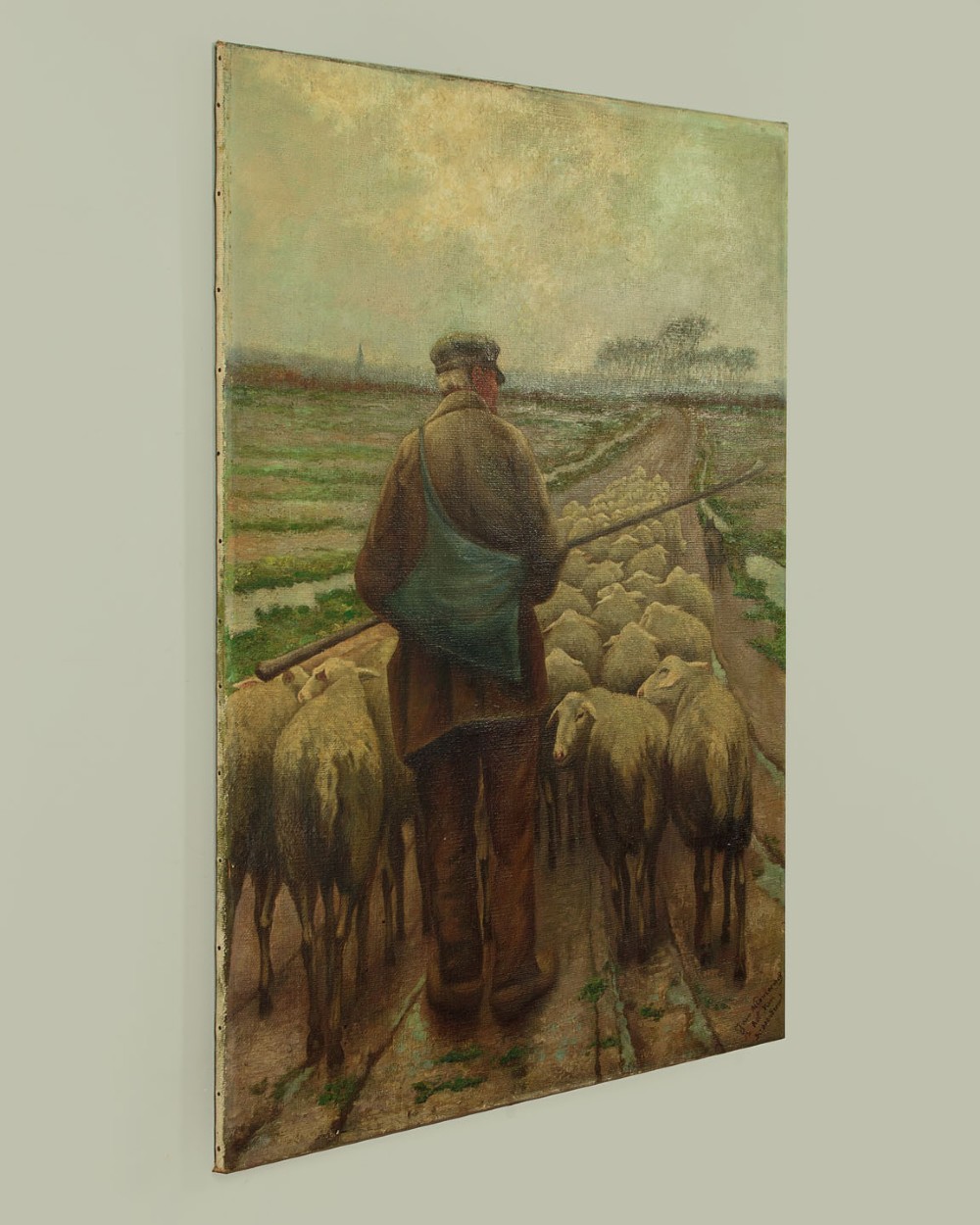 A mid-20th century oil painting depicting a shepherd with a staff leading a flock of sheep along a rural dirt path in muted green and brown tones. View X