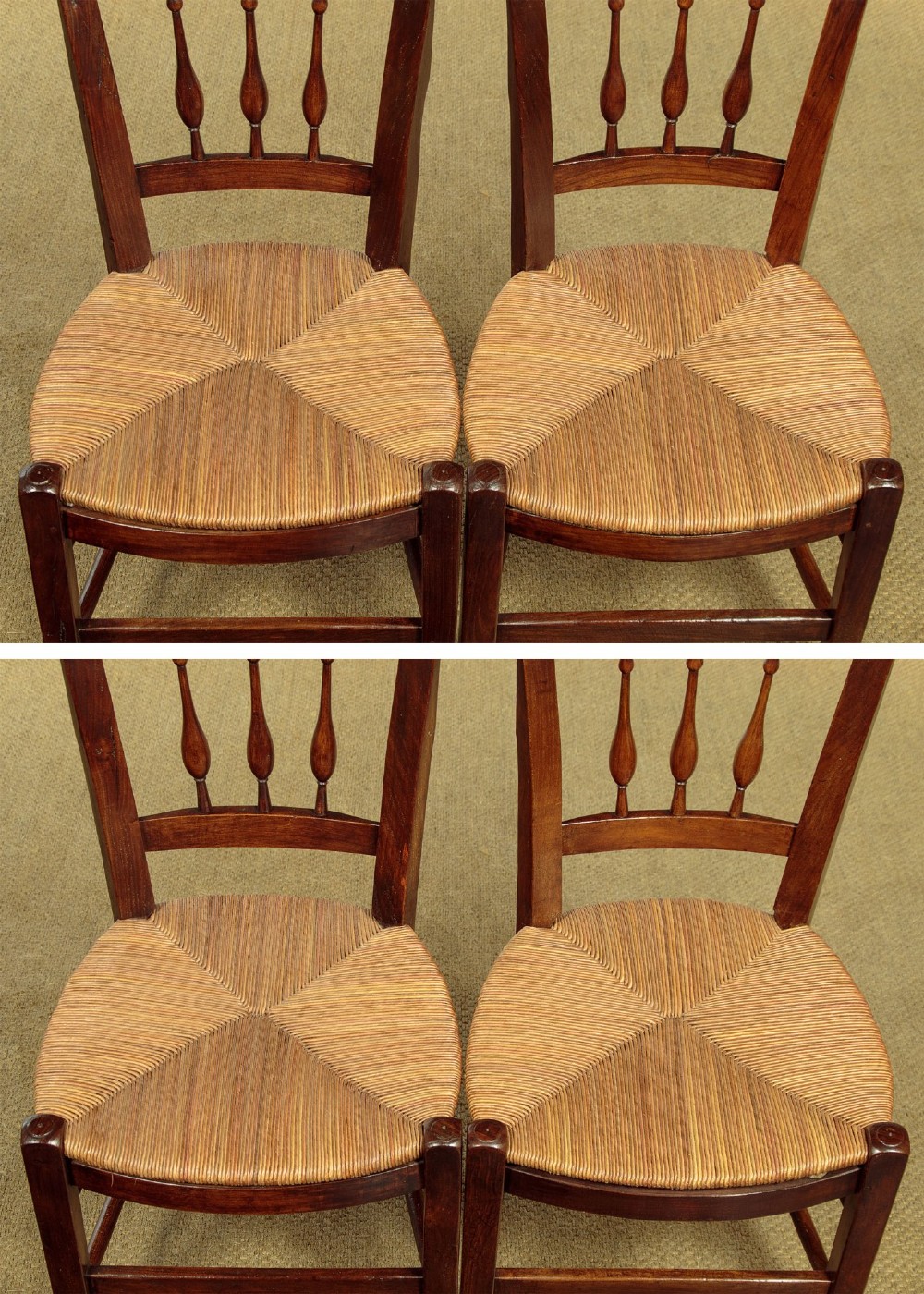 A set of four dark wood dining chairs featuring turned spindle backrests and hand-woven rush seats. View IX