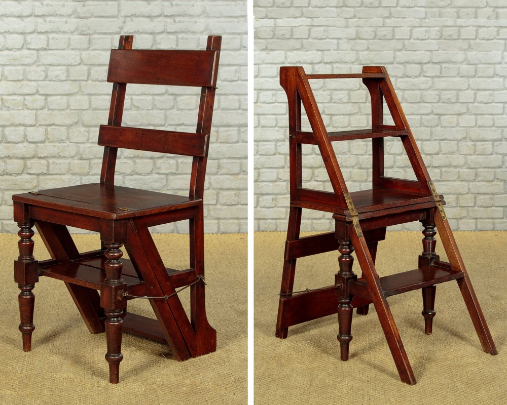 A late Victorian metamorphic mahogany side chair with turned front legs that folds open to convert into a short flight of library steps. View II