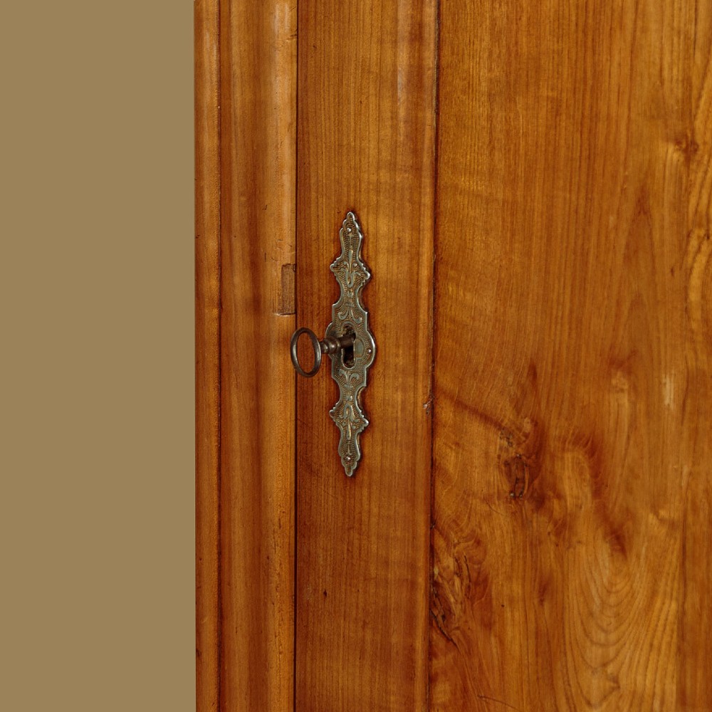 A single-door antique French Louis Philippe cherrywood wardrobe with figured timber grain and a moulded cornice. View VIII