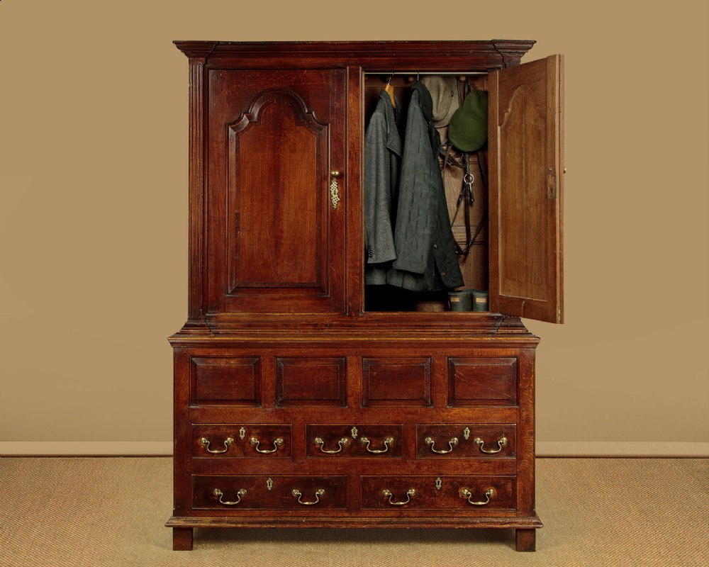 A tall 18th-century dark oak Georgian tack cupboard featuring twin arched panel doors over a base with five drawers and brass handles. View II