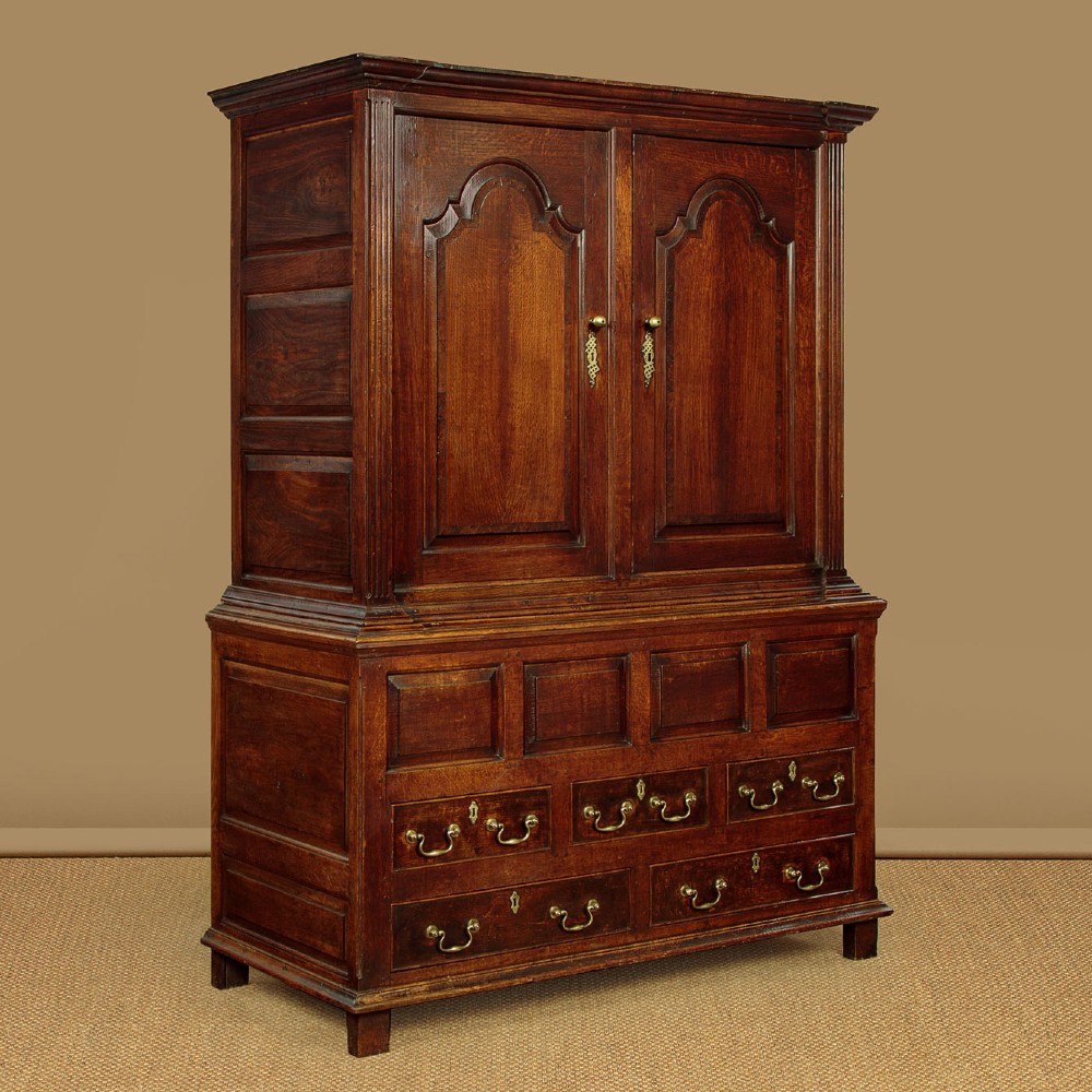 A tall 18th-century dark oak Georgian tack cupboard featuring twin arched panel doors over a base with five drawers and brass handles. View III