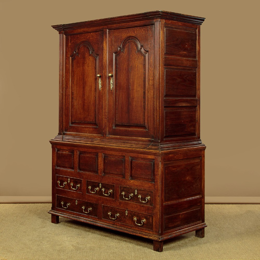 A tall 18th-century dark oak Georgian tack cupboard featuring twin arched panel doors over a base with five drawers and brass handles. View IV