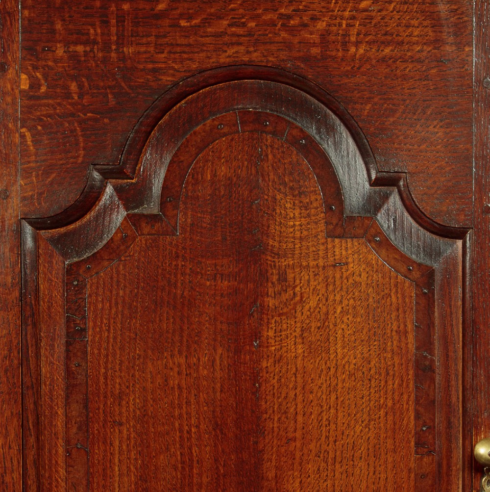 A tall 18th-century dark oak Georgian tack cupboard featuring twin arched panel doors over a base with five drawers and brass handles. View VII