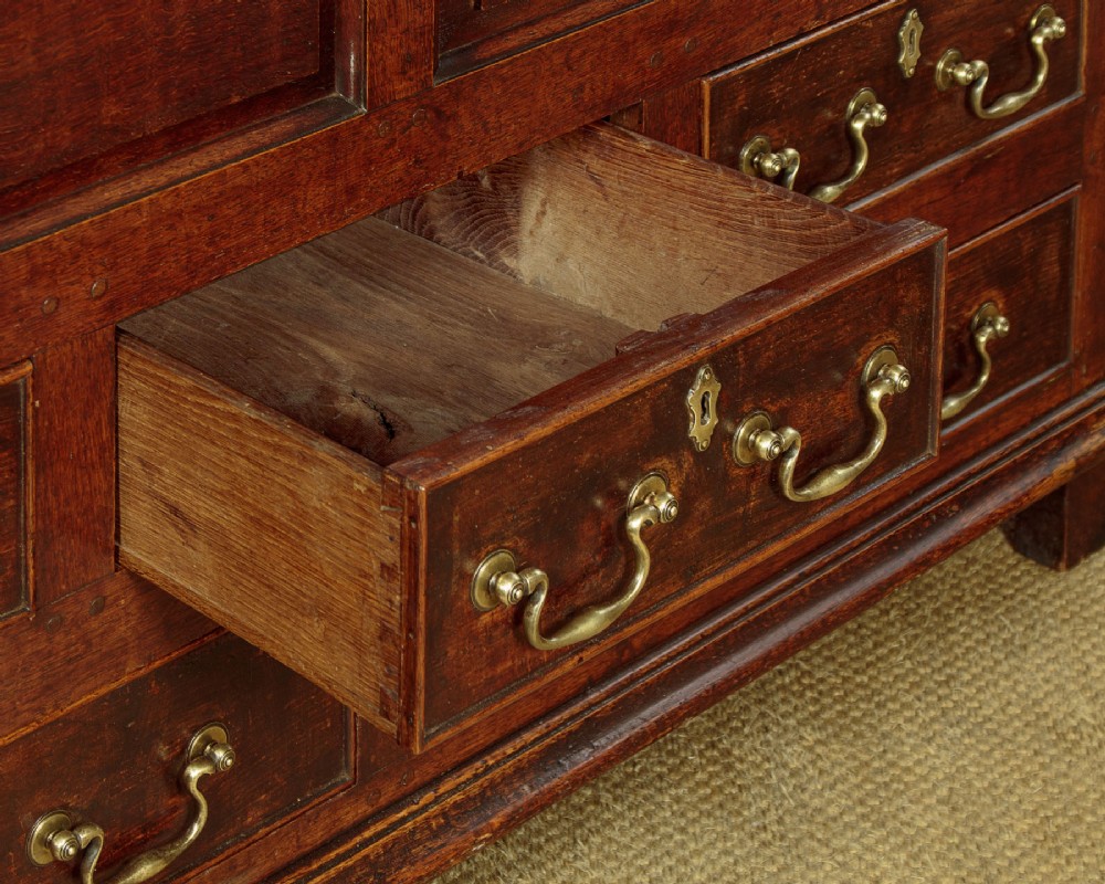 A tall 18th-century dark oak Georgian tack cupboard featuring twin arched panel doors over a base with five drawers and brass handles. View XIV