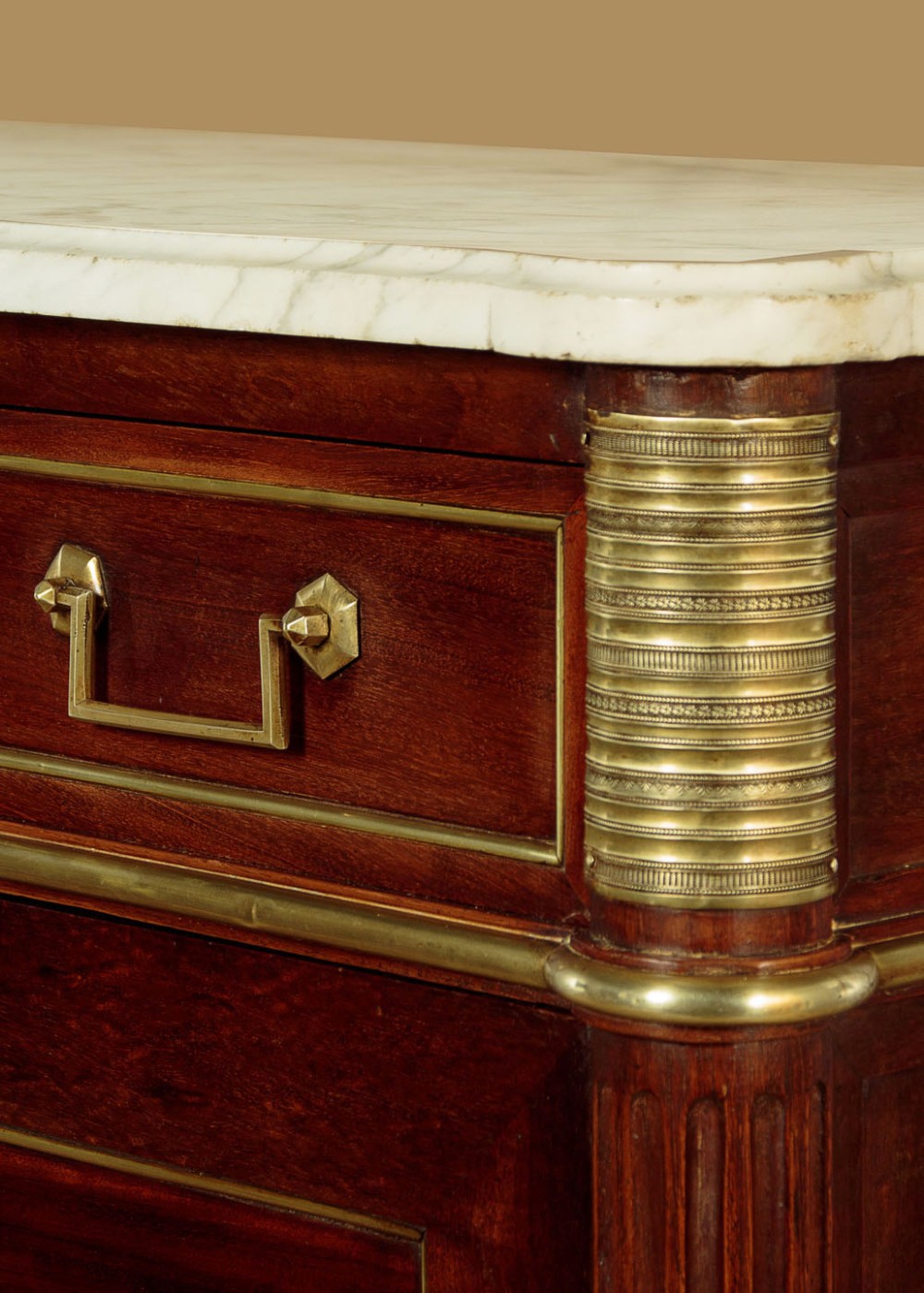 An 1830 mahogany secretaire abattant featuring a white marble top, brass-mounted fluted side columns, a drop-front writing panel, and a double-door cupboard. View XII