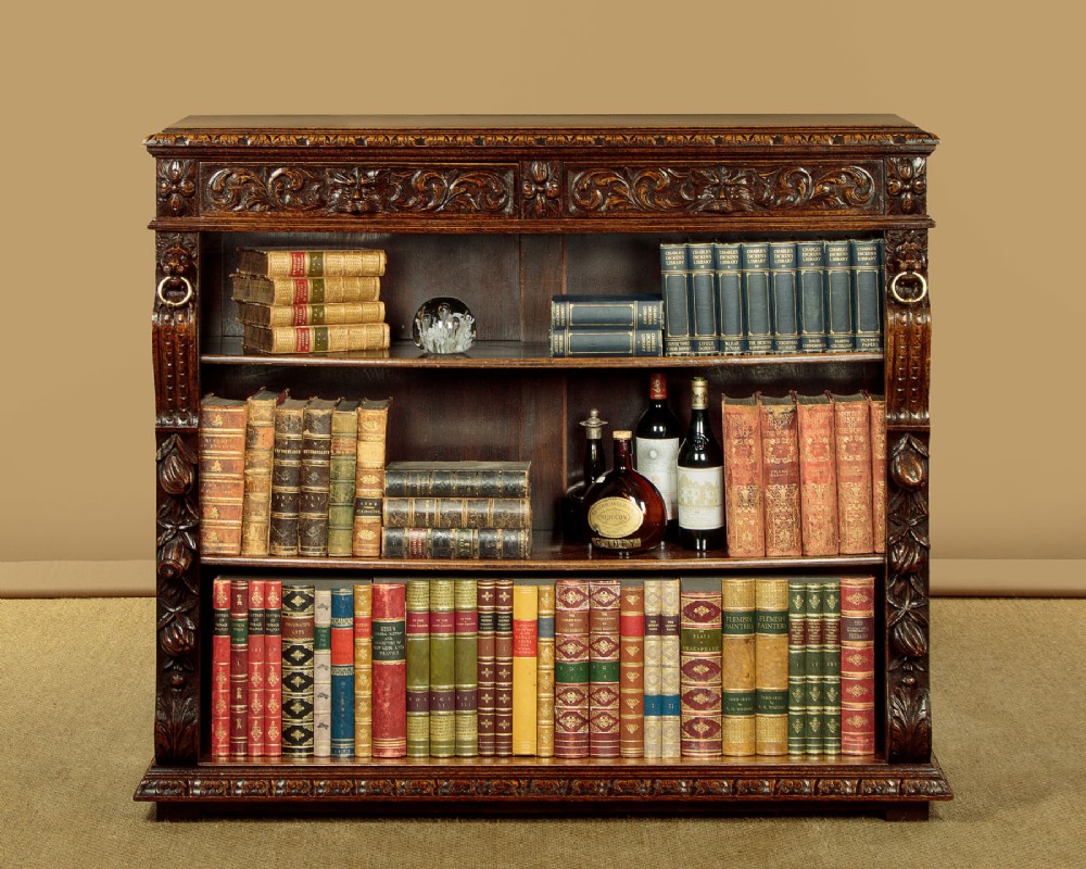 A low late Victorian dark oak open bookcase with detailed foliate relief carvings, brass ring fittings on side pilasters, and adjustable shelves. View II
