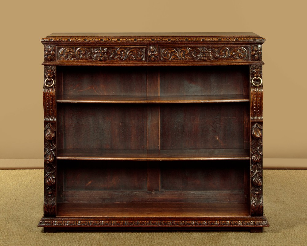 A low late Victorian dark oak open bookcase with detailed foliate relief carvings, brass ring fittings on side pilasters, and adjustable shelves. View III