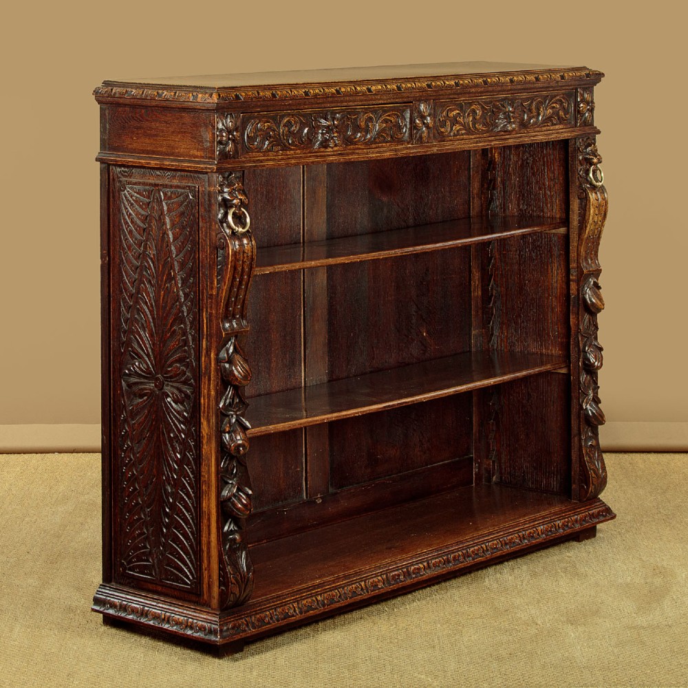 A low late Victorian dark oak open bookcase with detailed foliate relief carvings, brass ring fittings on side pilasters, and adjustable shelves. View IV