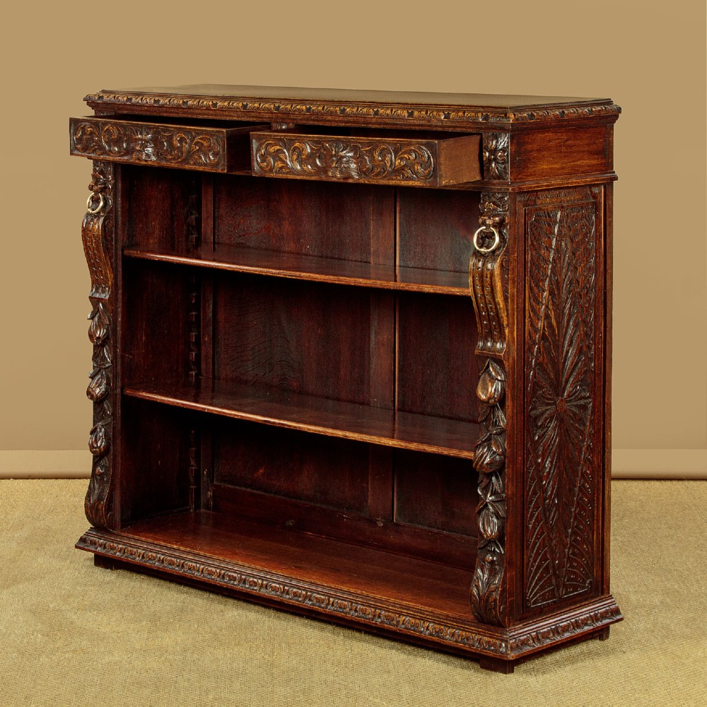 A low late Victorian dark oak open bookcase with detailed foliate relief carvings, brass ring fittings on side pilasters, and adjustable shelves. View V