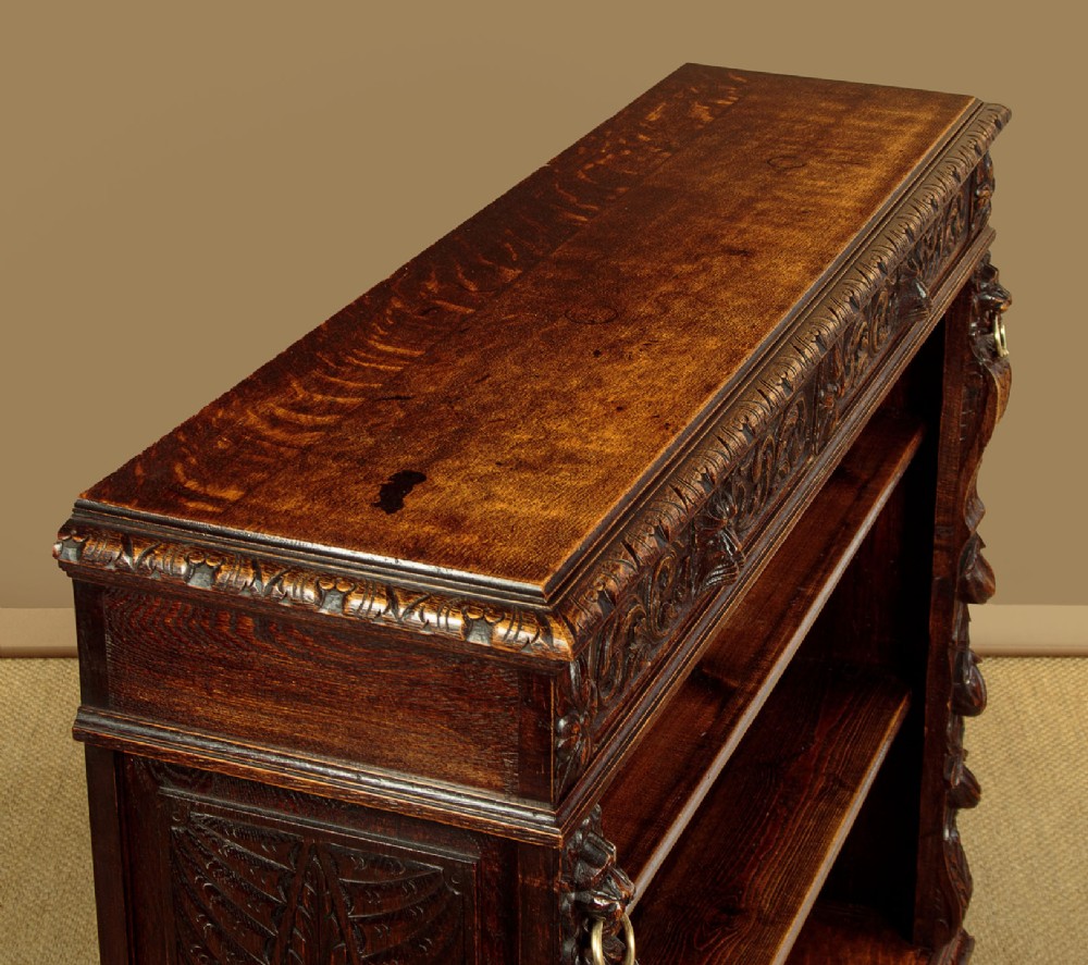 A low late Victorian dark oak open bookcase with detailed foliate relief carvings, brass ring fittings on side pilasters, and adjustable shelves. View VI