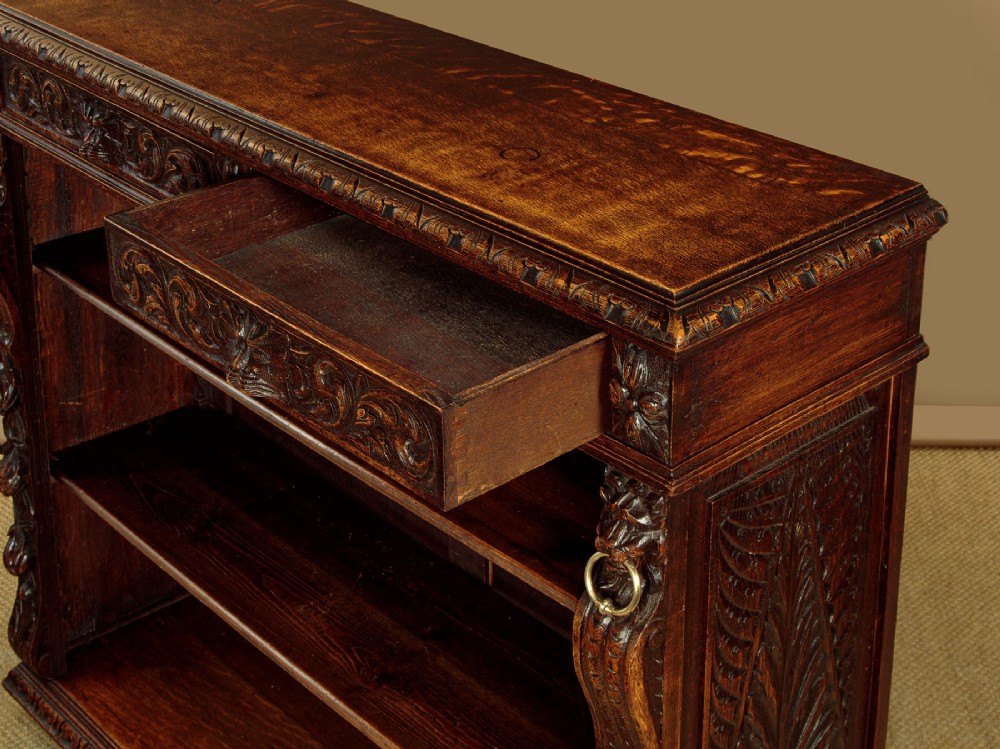 A low late Victorian dark oak open bookcase with detailed foliate relief carvings, brass ring fittings on side pilasters, and adjustable shelves. View VII