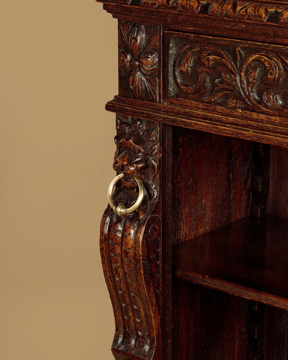 A low late Victorian dark oak open bookcase with detailed foliate relief carvings, brass ring fittings on side pilasters, and adjustable shelves. View X