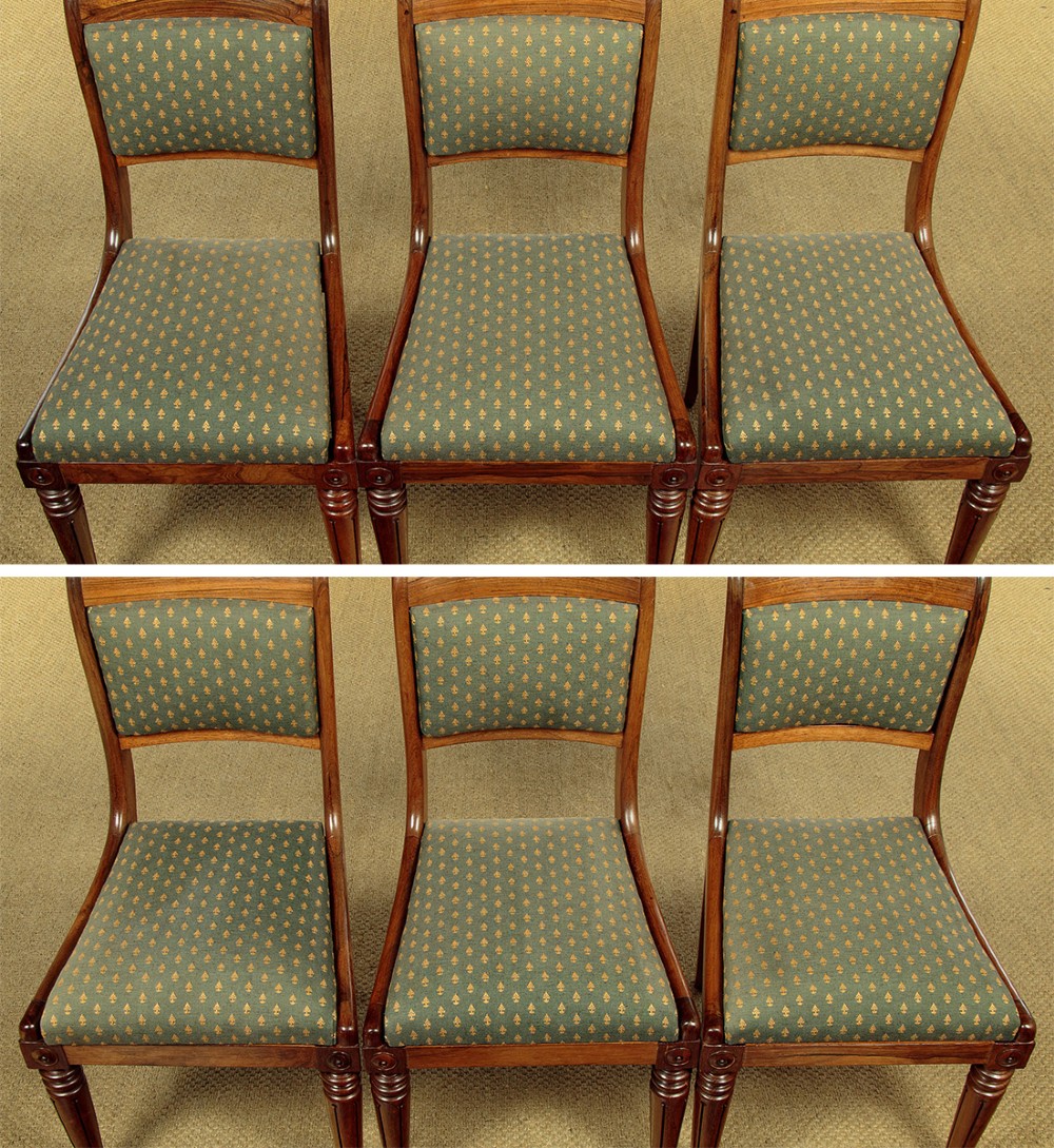 Set of six late Regency rosewood dining chairs featuring reeded front legs, sabre rear legs, and green patterned fabric upholstered seats and back panels. View VIII