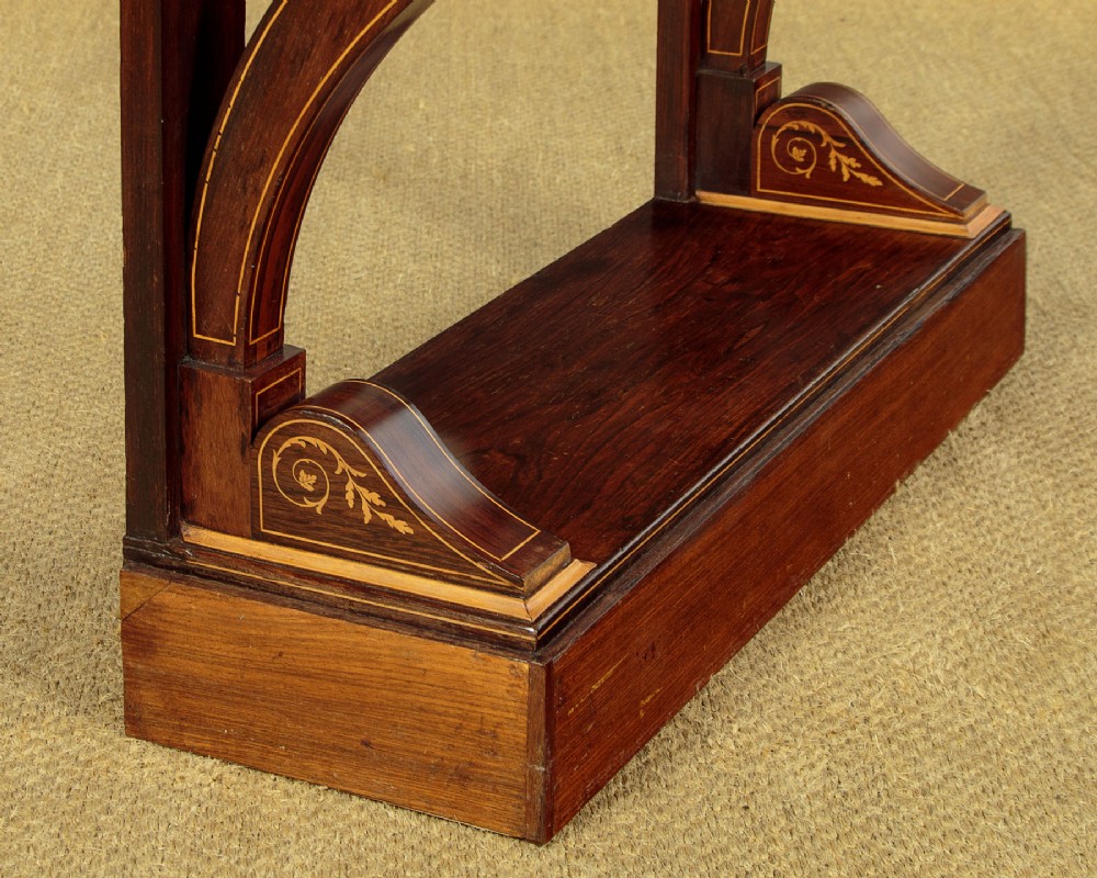 A small late Victorian mahogany console table featuring a white marble top, decorative marquetry on curved scroll legs, a single frieze drawer, and a solid plinth base. View VIII