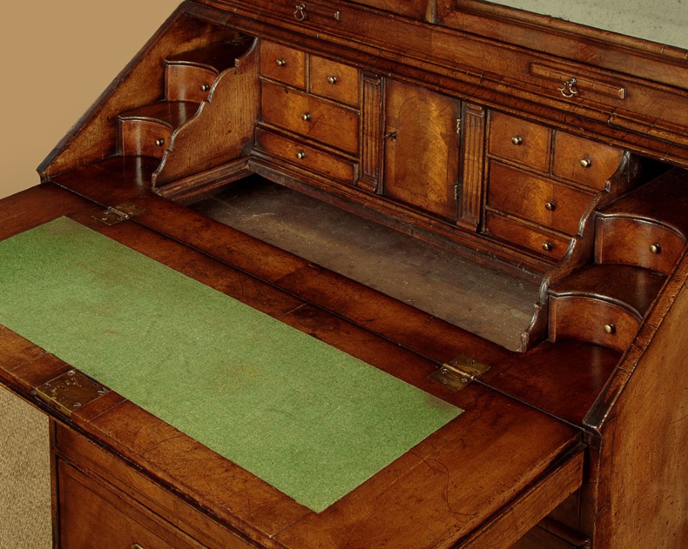 A Queen Anne style burr walnut bureau cabinet featuring a double-domed top with twin mirrored doors above a slant-front writing slope and lower drawers. View XI