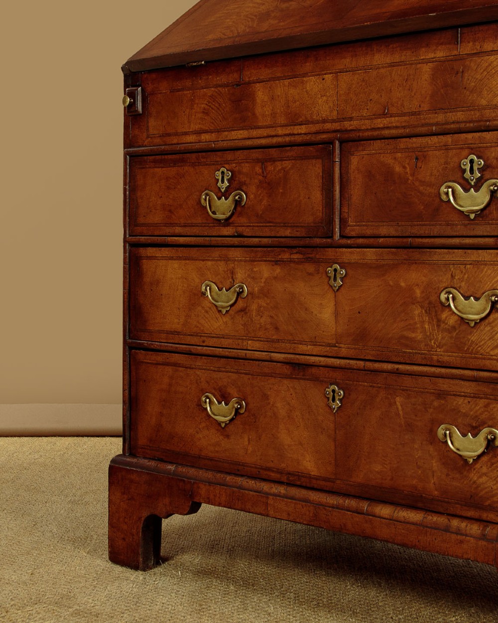 A Queen Anne style burr walnut bureau cabinet featuring a double-domed top with twin mirrored doors above a slant-front writing slope and lower drawers. View XIII