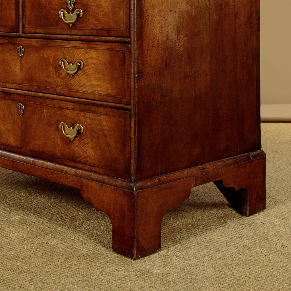 A Queen Anne style burr walnut bureau cabinet featuring a double-domed top with twin mirrored doors above a slant-front writing slope and lower drawers. View XIV
