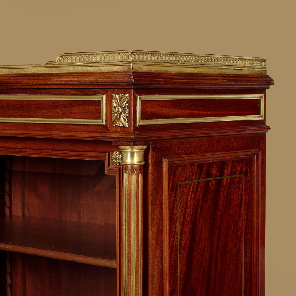 A tall, narrow mahogany bookcase featuring a single glazed door, internal wooden shelves, brass fluted column accents, and a brass gallery top. View VIII