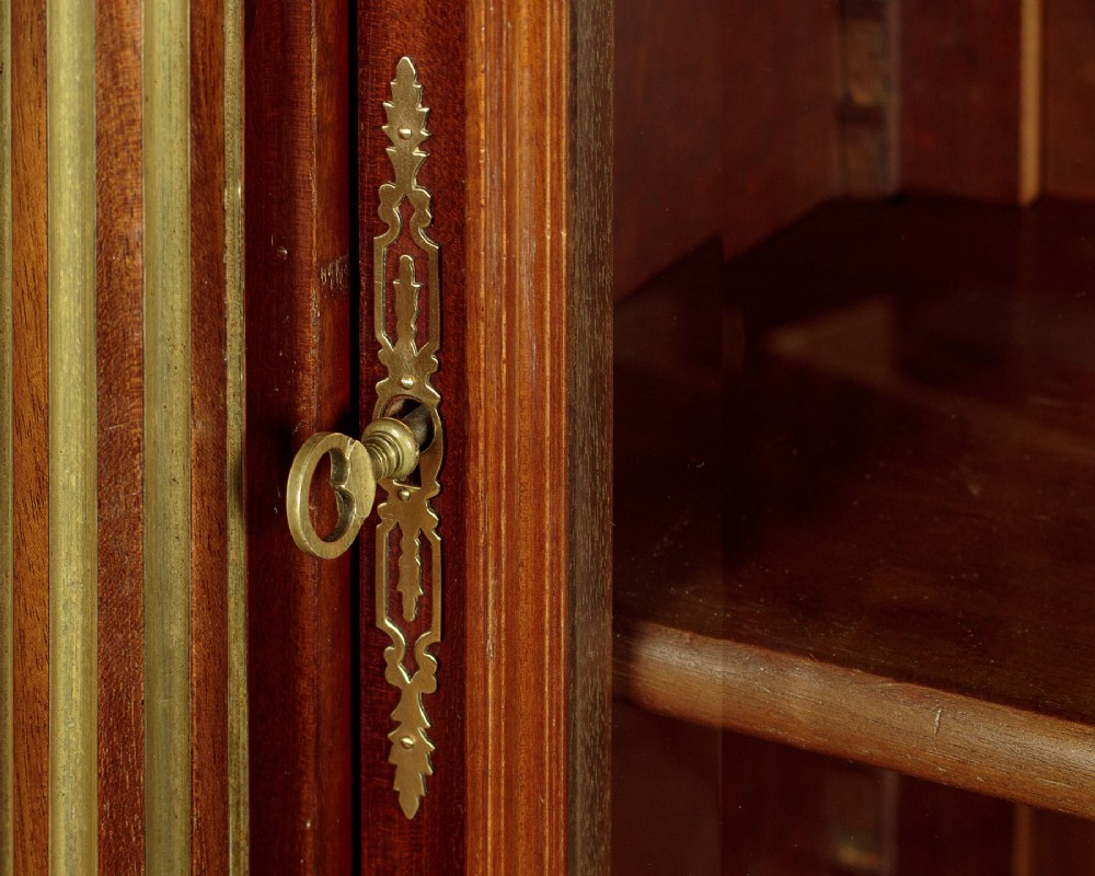 A tall, narrow mahogany bookcase featuring a single glazed door, internal wooden shelves, brass fluted column accents, and a brass gallery top. View IX