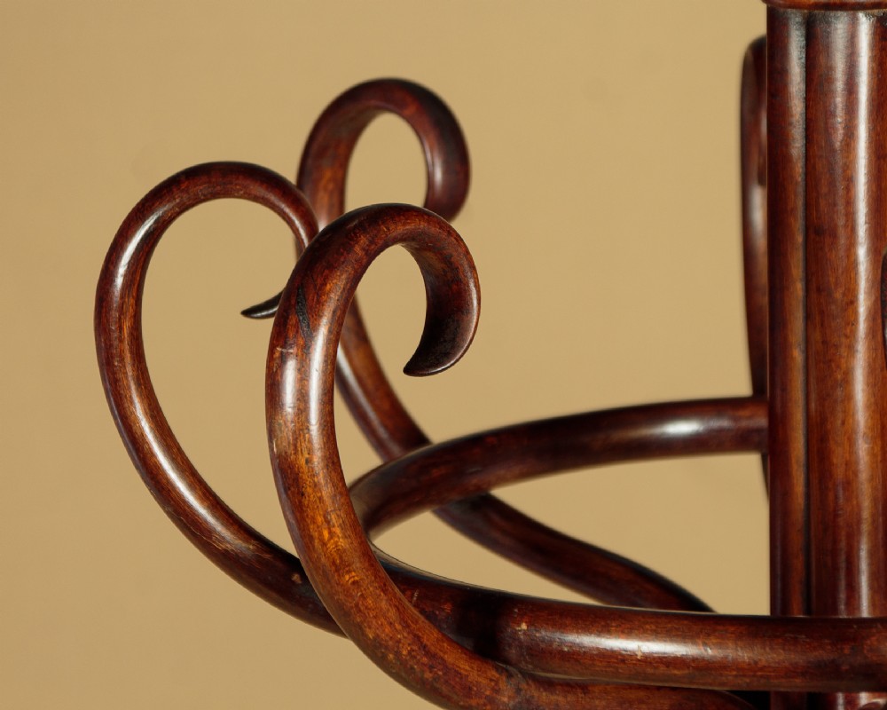 A pair of tall dark brown bentwood hallstands featuring curved coat hooks at the top and circular loops at the base for umbrellas. View VI