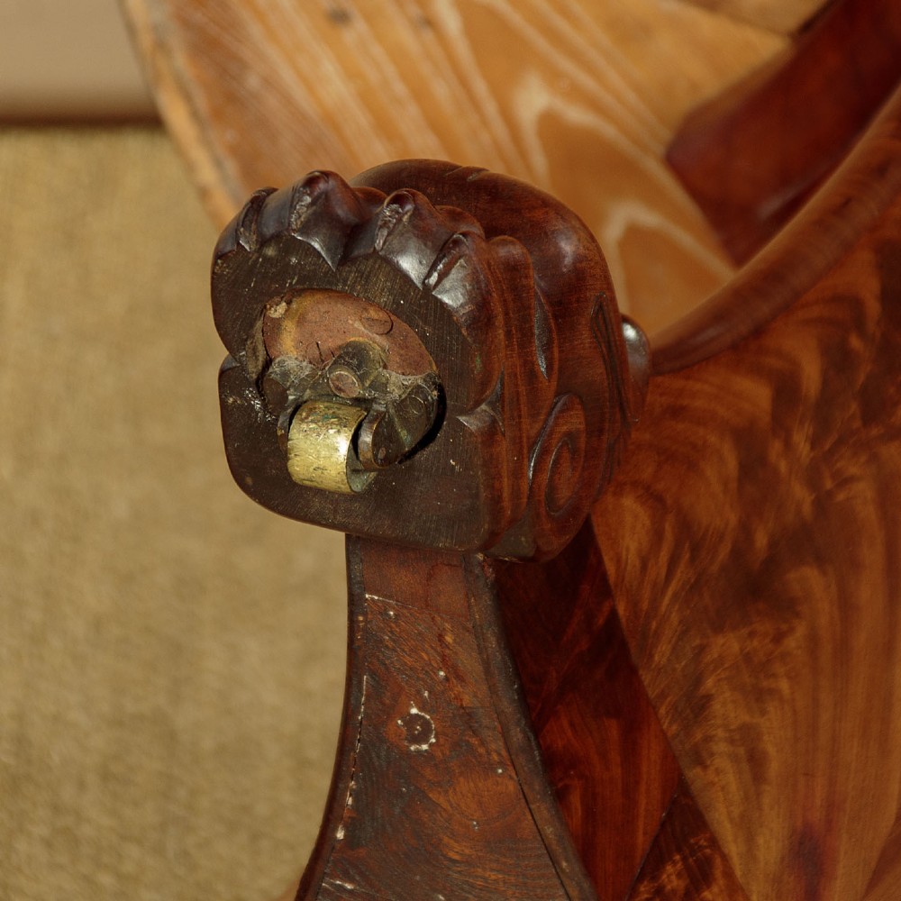 A circular antique mahogany gueridon centre table featuring a dark grey marble top, a flared central pedestal, and carved paw feet. View X