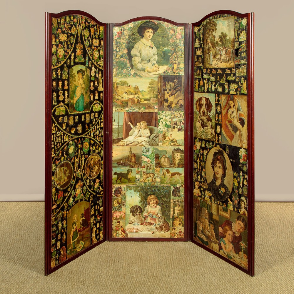 A late Victorian three-panel wooden folding screen covered in dense decoupage scrapwork featuring portraits, animals, and floral imagery.