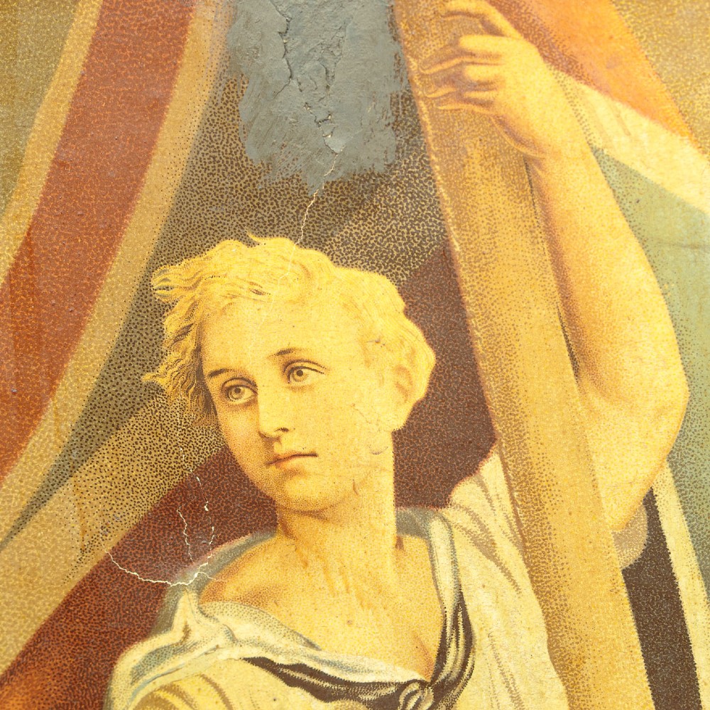 A late Victorian three-panel wooden folding screen covered in dense decoupage scrapwork featuring portraits, animals, and floral imagery. View XII
