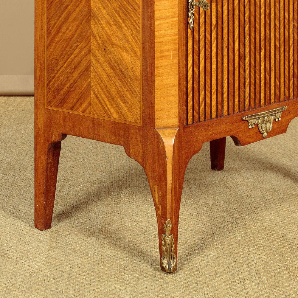 A tall Louis XVI style wooden side cabinet featuring geometric herringbone parquetry veneers, brass mounts, and a polished marble top. View XIII