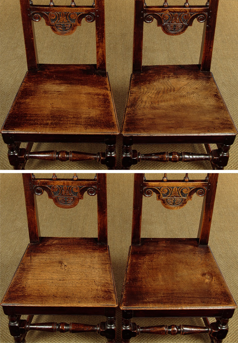 A set of four dark oak dining chairs featuring carved crest rails, arcaded spindle backs, wooden seats, and turned front legs. View VIII