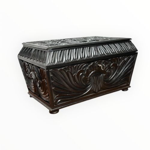 19TH CENTURY CEYLONESE EBONY CASKET BOX WITH FLORAL RELIEF DECORATION - ADDITIONAL PHOTO 2
