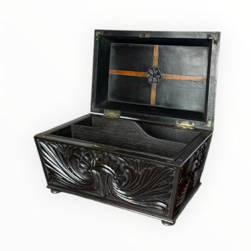 19th century ceylonese ebony casket box with floral relief decoration - CATEGORY: ANTIQUE BOXES - DATED 19TH CENTURY