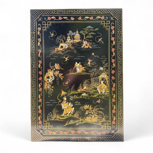 MIDCENTURY CHINOISERIE LACQUER COFFEE TABLE WITH RAISED RELIEF DETAIL