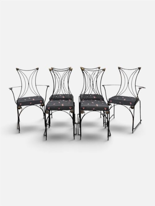 French Wrought Iron and Brass Shell Detailed Set of Six Dining Chairs