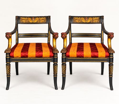 Pair of Regency Style Painted and Parcel-gilt Elbow Chairs