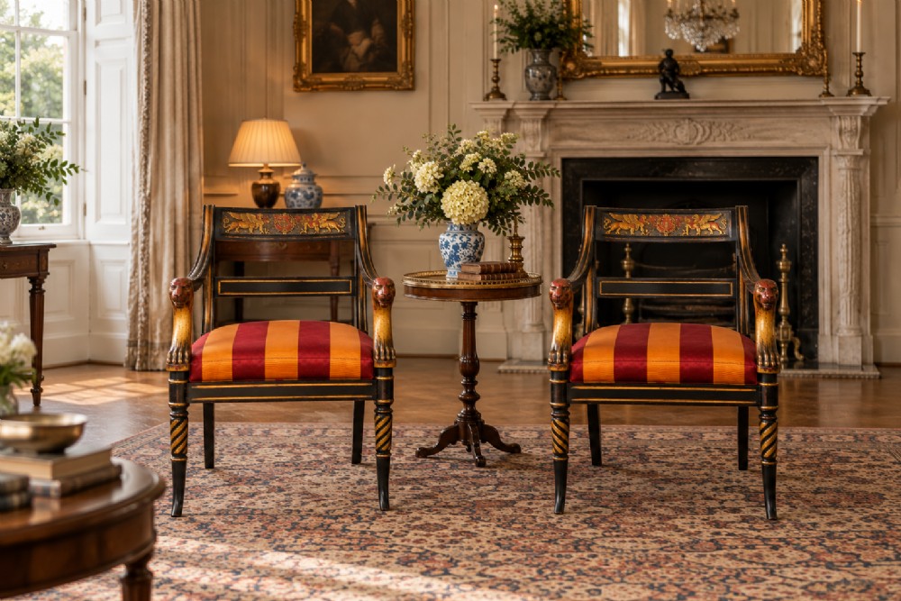 A pair of black-painted and parcel-gilt Regency style armchairs featuring lion head arm terminals, spiral-turned front legs, and red and gold striped upholstery. View IX