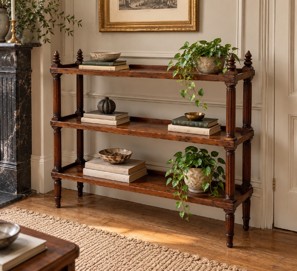 An early 19th-century dark hardwood three-tier open shelving unit featuring fluted vertical columns, turned legs, and carved top finials. View IV