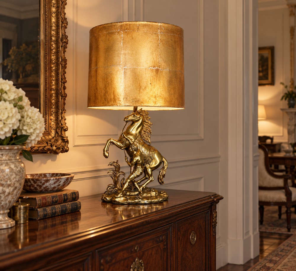 A sculptural brass table lamp depicting a rearing horse and groom after Guillaume Coustou, topped with a tall cylindrical gold leaf drum shade. View II