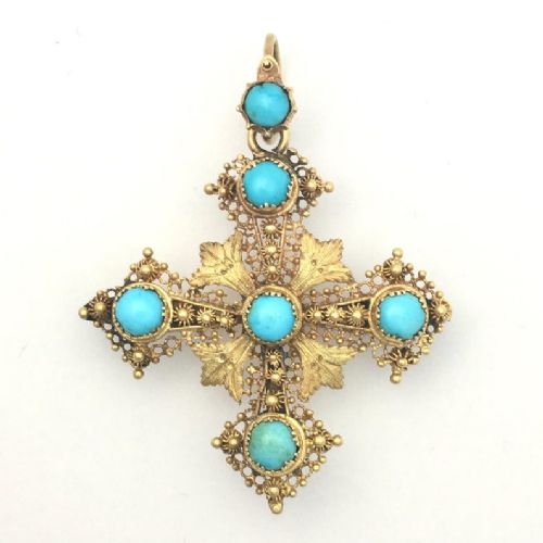 Georgian Turquoise 15ct Gold Filigree Cross Pendant/brooch