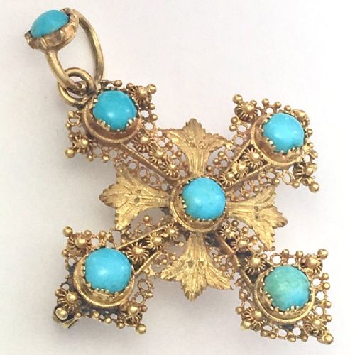 fig 1. Georgian Turquoise 15CT Gold Filigree Cross Pendant/Brooch