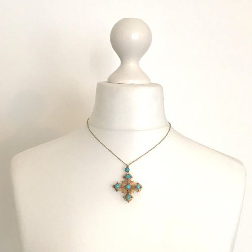 fig 2. Georgian Turquoise 15CT Gold Filigree Cross Pendant/Brooch