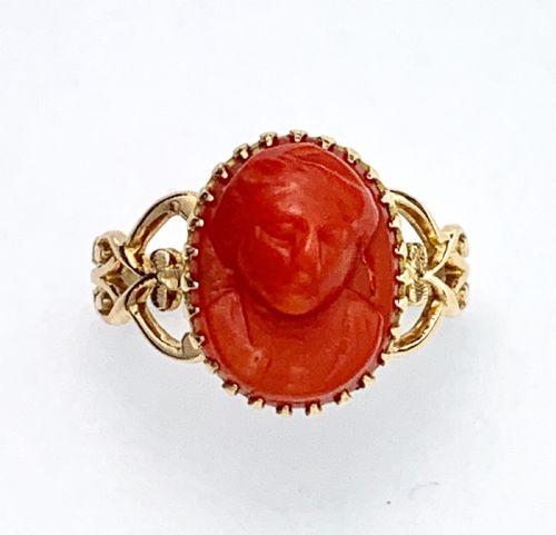 Antique Rose Gold Carved Coral Cameo Ring