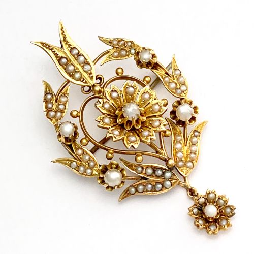 Edwardian 15ct Gold Seed Pearl Flower Pendant/brooch