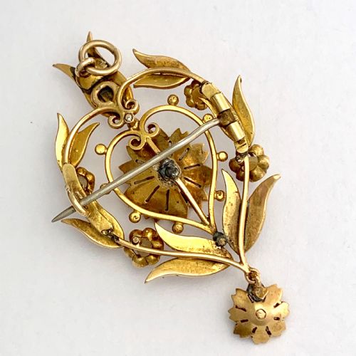 fig 1. Edwardian 15CT Gold Seed Pearl Flower Pendant/Brooch