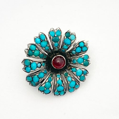 Victorian Pavé Turquoise and Garnet Silver Flower Brooch