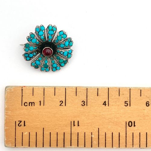 fig 1. Victorian Pavé Turquoise and Garnet Silver Flower Brooch