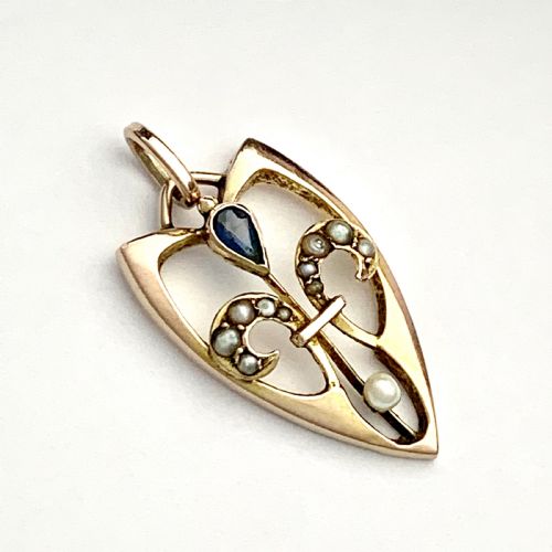 Art Nouveau Jugendstil Rose Gold Sapphire and Seed Pearl Pendant